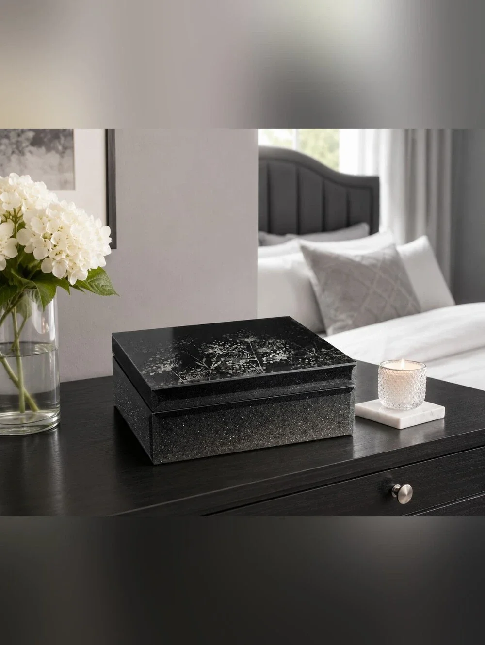 Palinna Dandelion Glass Jewelry Box Black Silver Velvet Organizer New In Box